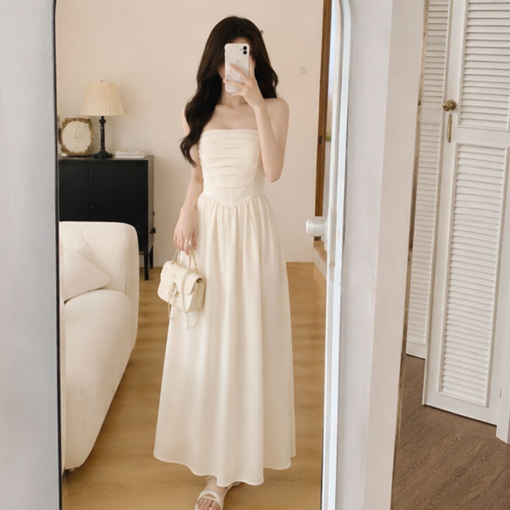 Váy 2 dây cúp ngực xếp ly dáng dài – đầm maxi tiểu thư sang chảnh