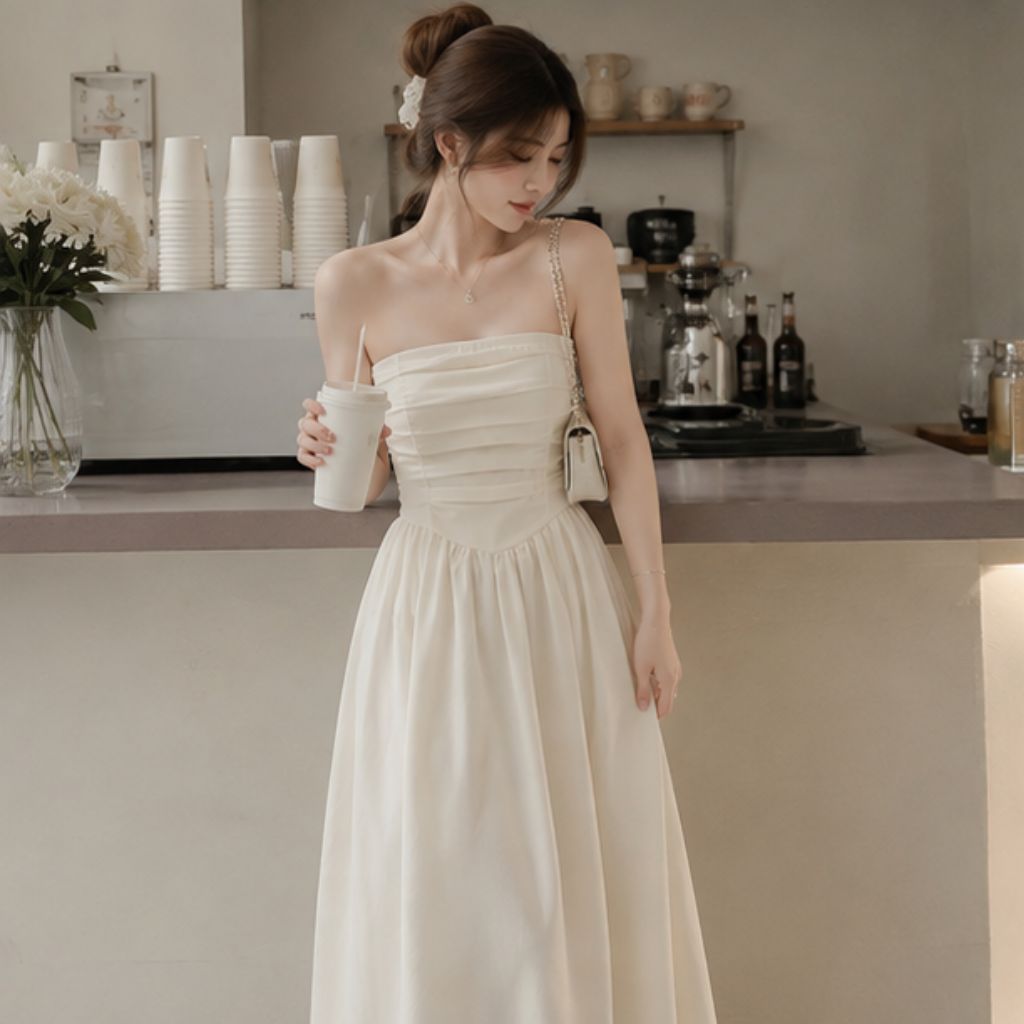Váy 2 dây cúp ngực xếp ly dáng dài – đầm maxi tiểu thư sang chảnh