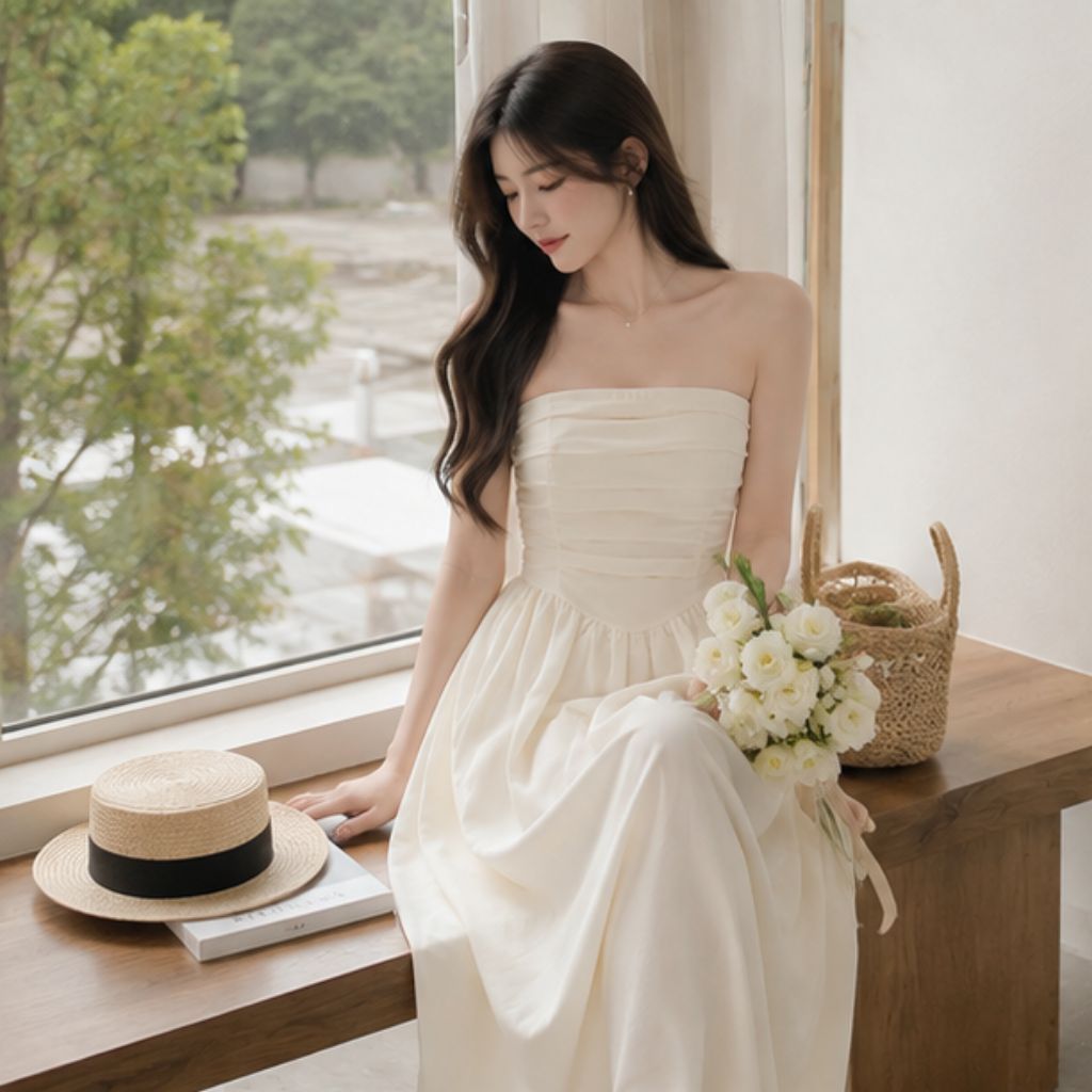 Váy 2 dây cúp ngực xếp ly dáng dài – đầm maxi tiểu thư sang chảnh