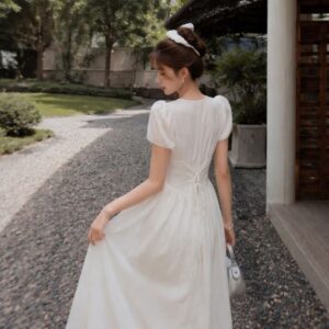 Váy cổ V dáng dài tay phồng – phong cách tiểu thư Hàn Quốc thanh lịch - Hình ảnh 4