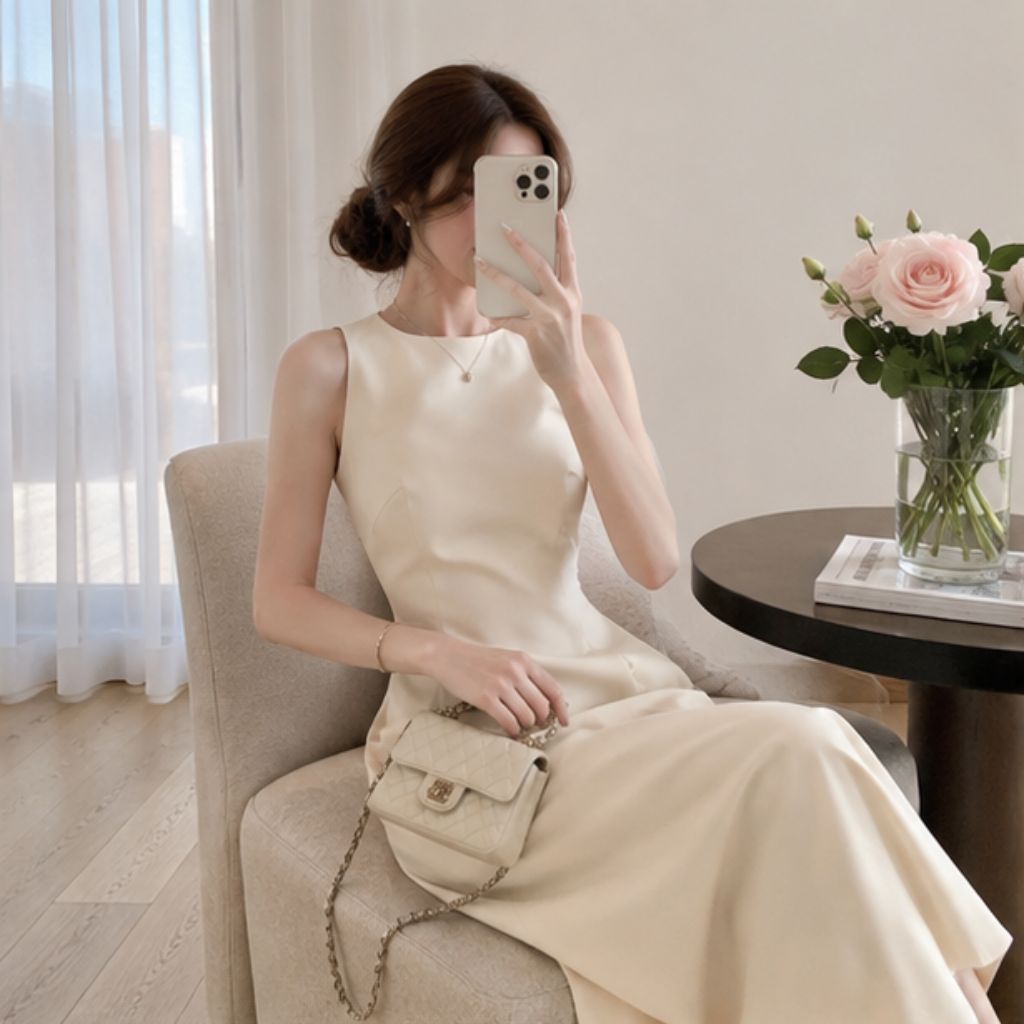 Váy cổ thuyền dáng dài xòe – chất chéo Hàn Quốc sang chảnh - Ảnh 2