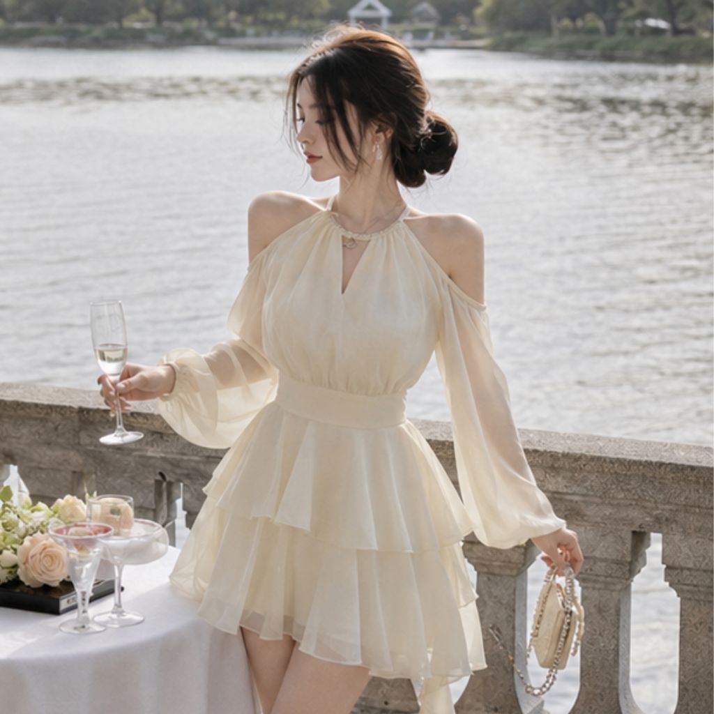 Váy cổ yếm hở vai 2 tầng – dáng ngắn tiểu thư tôn dáng siêu xinh