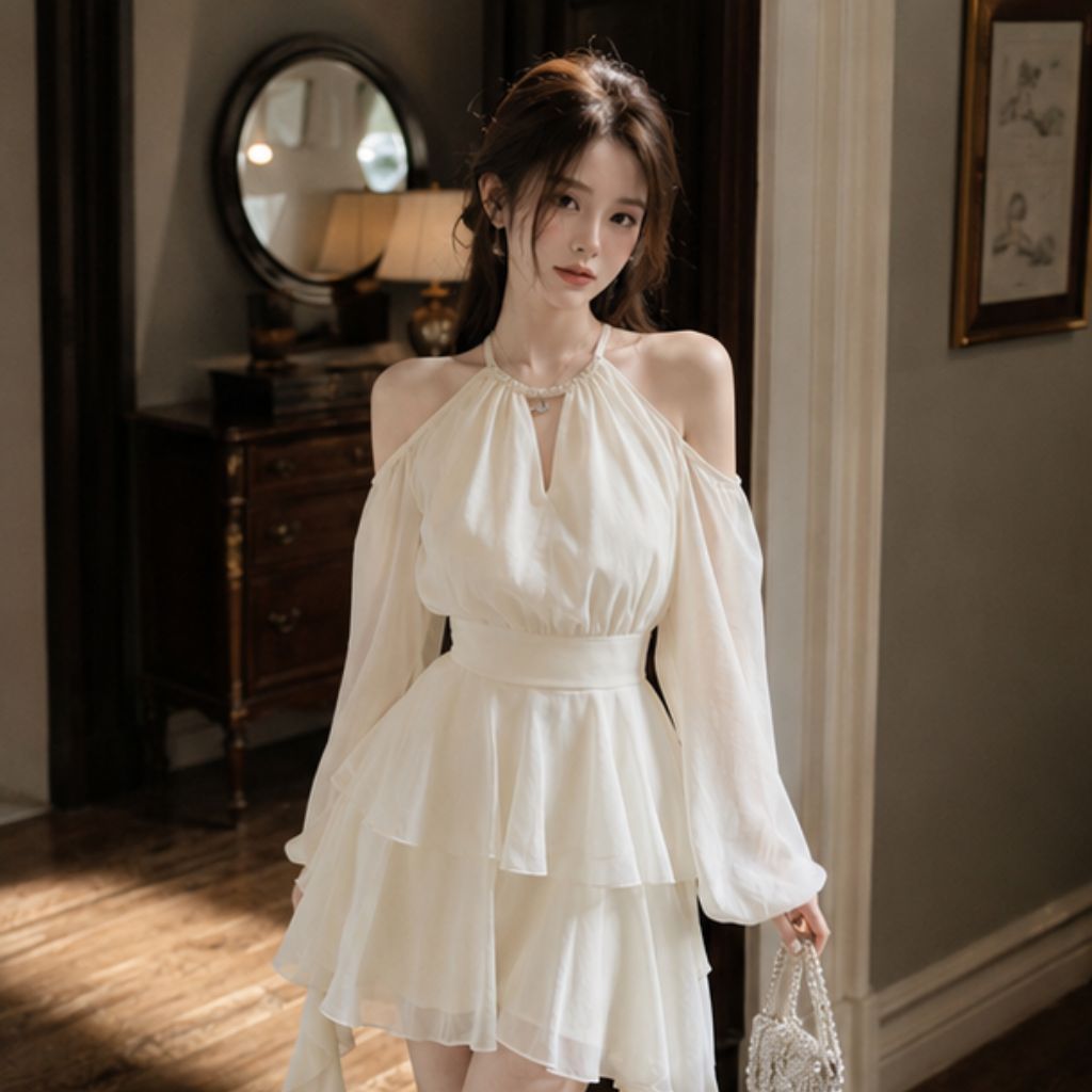 Váy cổ yếm hở vai 2 tầng – dáng ngắn tiểu thư tôn dáng siêu xinh