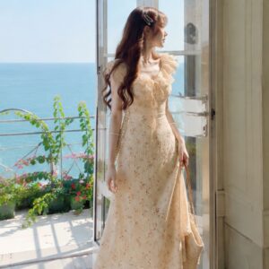 Váy hoa nhí dáng dài phối cổ bèo – đầm đi biển nữ tính siêu xinh - Hình ảnh 1