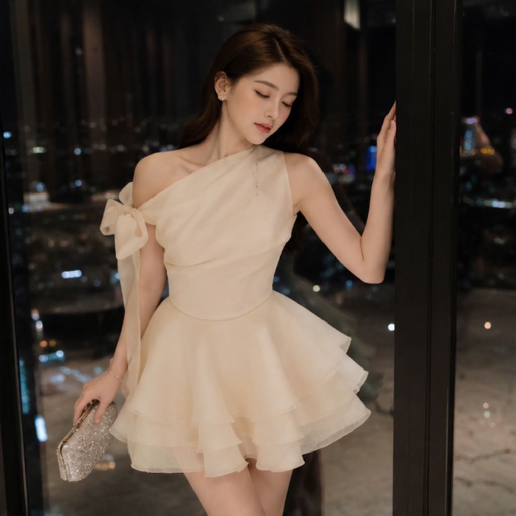 Váy lệch vai buộc nơ chiết eo – đầm tiểu thư tơ xốp tôn dáng cực xinh