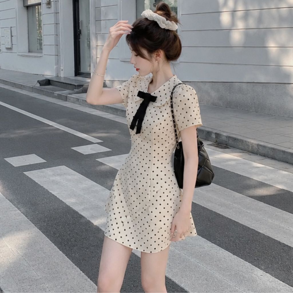 Váy ngắn tay cổ sen đính nơ chấm bi – dáng xòe tiểu thư siêu xinh