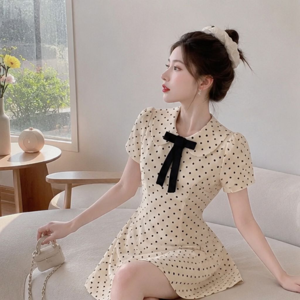Váy ngắn tay cổ sen đính nơ chấm bi – dáng xòe tiểu thư siêu xinh