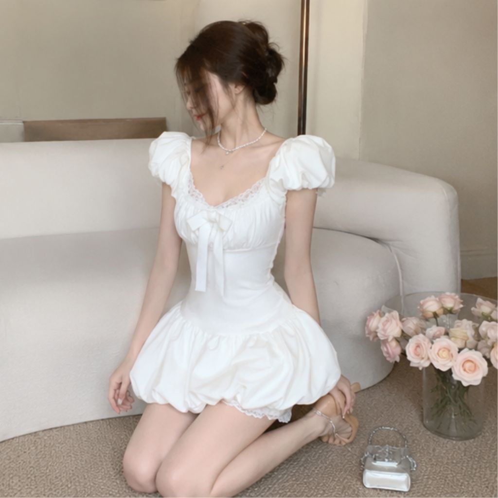 Váy nữ dáng bí cổ vuông phối ren – đính nơ tiểu thư siêu xinh