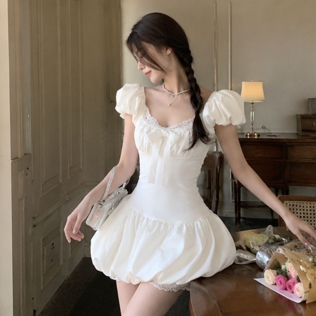 Váy nữ dáng bí cổ vuông phối ren – đính nơ tiểu thư siêu xinh