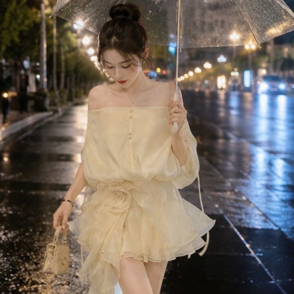 Váy trễ vai hở lưng cúc bọc đính hoa – đầm tơ 2 lớp tiểu thư siêu xinh