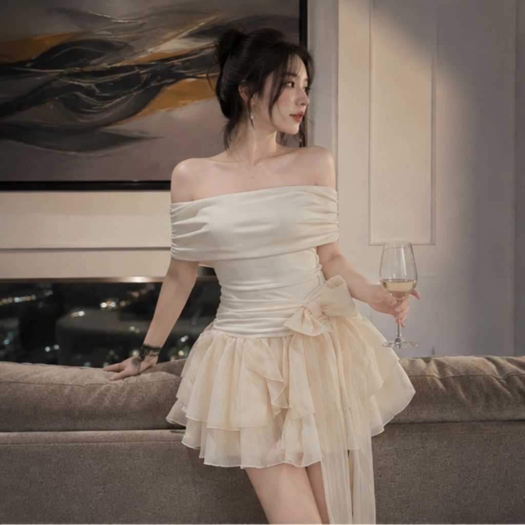 Váy trễ vai phối nơ tôn dáng – đầm nữ sang chảnh kèm quần bảo hộ