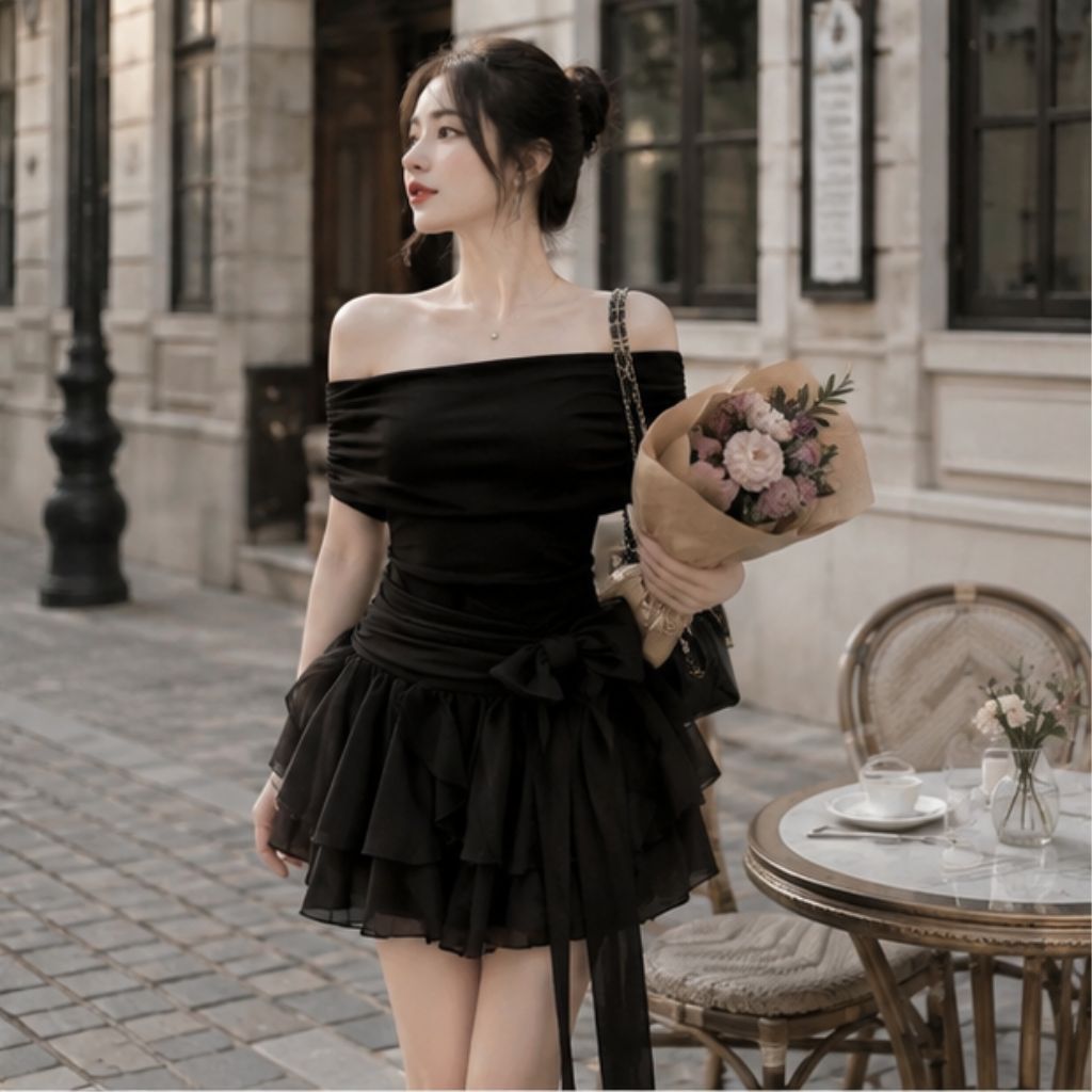 Váy trễ vai phối nơ tôn dáng – đầm nữ sang chảnh kèm quần bảo hộ