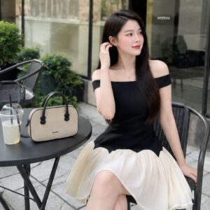Váy trễ vai tăm lạnh phối voan xòe – đầm tiểu thư dự tiệc sang chảnh - Hình ảnh 2