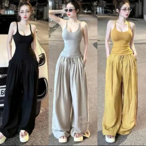Set bộ áo ba lỗ phối quần suông bí – chất đũi mát mặc cực thoải mái