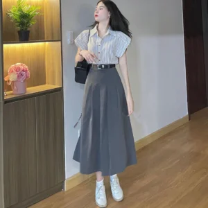 Set váy áo sơ mi tay hến kẻ sọc phối chân váy dập ly – tặng kèm đai xinh xắn - Hình ảnh 2