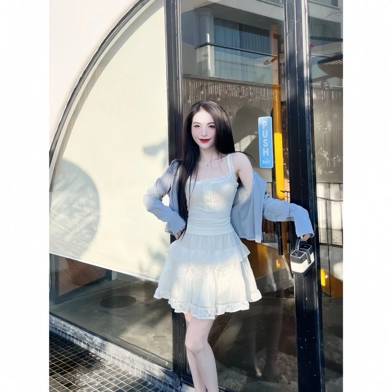 Set áo hai dây mix cardigan xanh – phối chân váy xòe nhẹ nhàng nữ tính - Ảnh 2