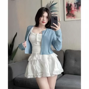 Set áo hai dây mix cardigan xanh – phối chân váy xòe nhẹ nhàng nữ tính - Hình ảnh 7