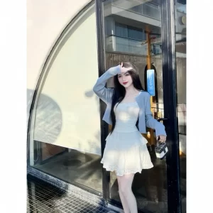 Set áo hai dây mix cardigan xanh – phối chân váy xòe nhẹ nhàng nữ tính - Hình ảnh 4