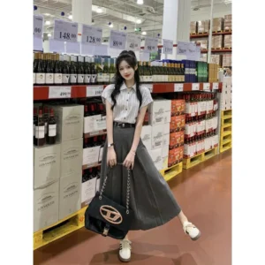 Set váy áo sơ mi tay hến kẻ sọc phối chân váy dập ly – tặng kèm đai xinh xắn - Hình ảnh 3