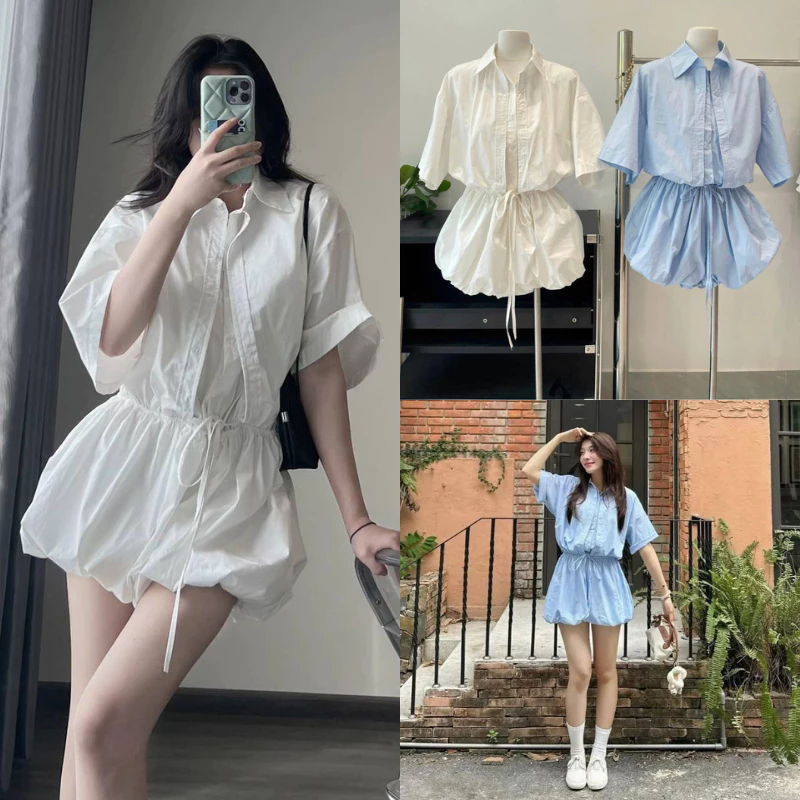 Jumpsuit liền quần dáng bí phồng – cổ sơ mi sang chảnh kèm quần bảo hộ