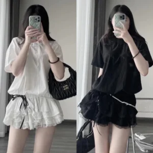 Set jumpsuit dáng xòe phối ren – thắt nơ eo sang chảnh kèm quần bảo hộ