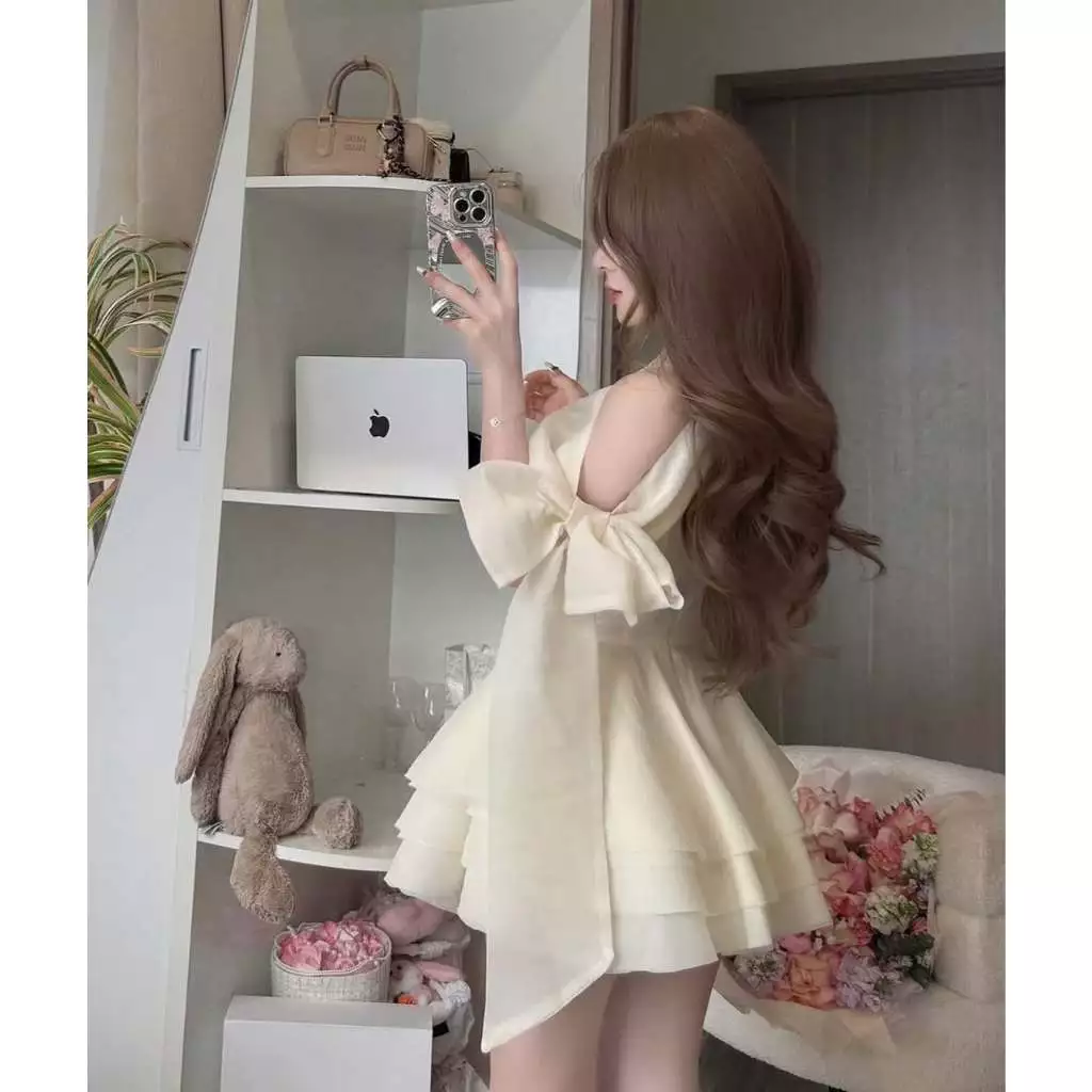 Váy lệch vai buộc nơ chiết eo – đầm tiểu thư tơ xốp tôn dáng cực xinh - Ảnh 5
