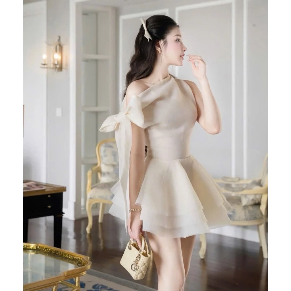 Váy lệch vai buộc nơ chiết eo – đầm tiểu thư tơ xốp tôn dáng cực xinh - Ảnh 4
