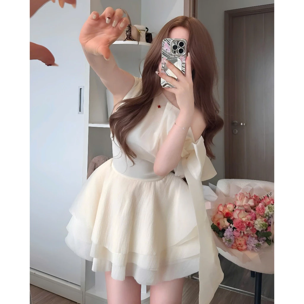 Váy lệch vai buộc nơ chiết eo – đầm tiểu thư tơ xốp tôn dáng cực xinh - Ảnh 8