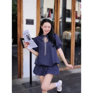 Set váy cổ tàu kẻ buộc nơ – dáng bí tay bồng tiểu thư siêu xinh - Hình ảnh 8