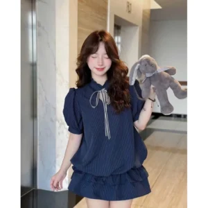 Set váy cổ tàu kẻ buộc nơ – dáng bí tay bồng tiểu thư siêu xinh - Hình ảnh 6