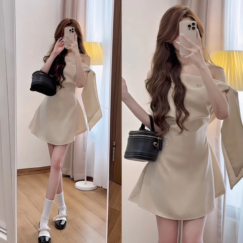 Đầm trễ vai chiết eo buộc nơ vai – váy tiểu thư sang chảnh dự tiệc - Ảnh 4