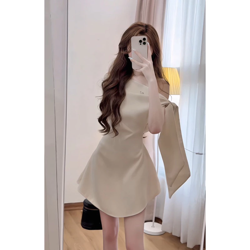 Đầm trễ vai chiết eo buộc nơ vai – váy tiểu thư sang chảnh dự tiệc