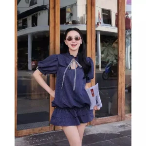 Set váy cổ tàu kẻ buộc nơ – dáng bí tay bồng tiểu thư siêu xinh - Hình ảnh 9