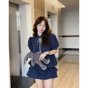 Set váy cổ tàu kẻ buộc nơ – dáng bí tay bồng tiểu thư siêu xinh - Hình ảnh 7