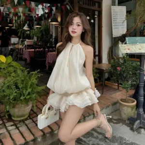 Set váy cổ yếm đính ngọc hở lưng – dáng bí xòe tiểu thư siêu xinh - Hình ảnh 3