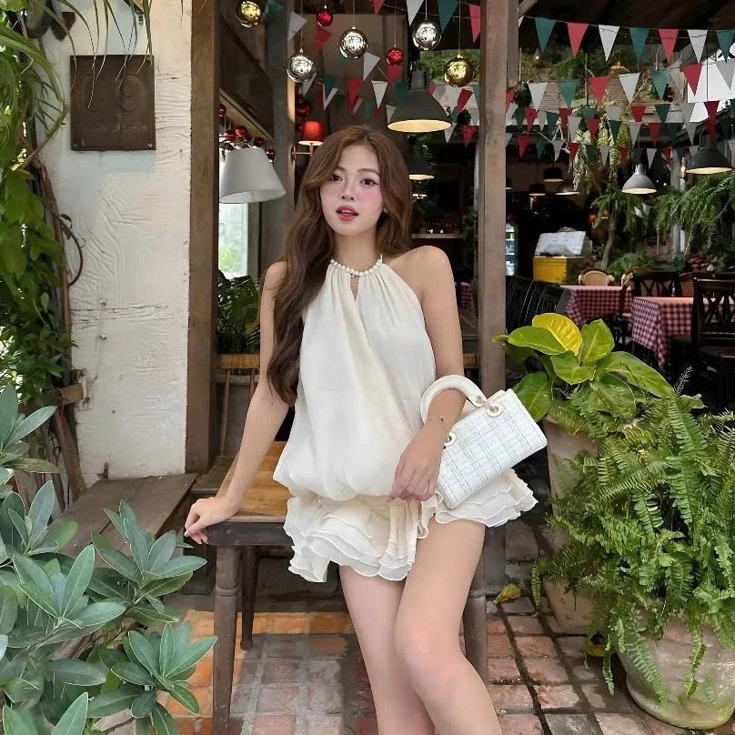 Set váy cổ yếm đính ngọc hở lưng – dáng bí xòe tiểu thư siêu xinh - Ảnh 2