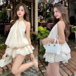 Set váy cổ yếm đính ngọc hở lưng – dáng bí xòe tiểu thư siêu xinh