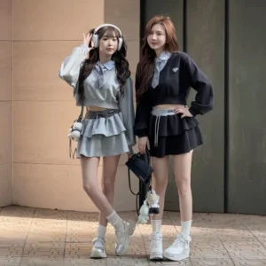 Set áo nỉ croptop dài tay mix cà vạt – phối chân váy tầng phong cách Hàn - Hình ảnh 4