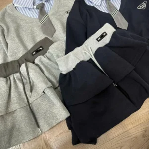 Set áo nỉ croptop dài tay mix cà vạt – phối chân váy tầng phong cách Hàn - Hình ảnh 5