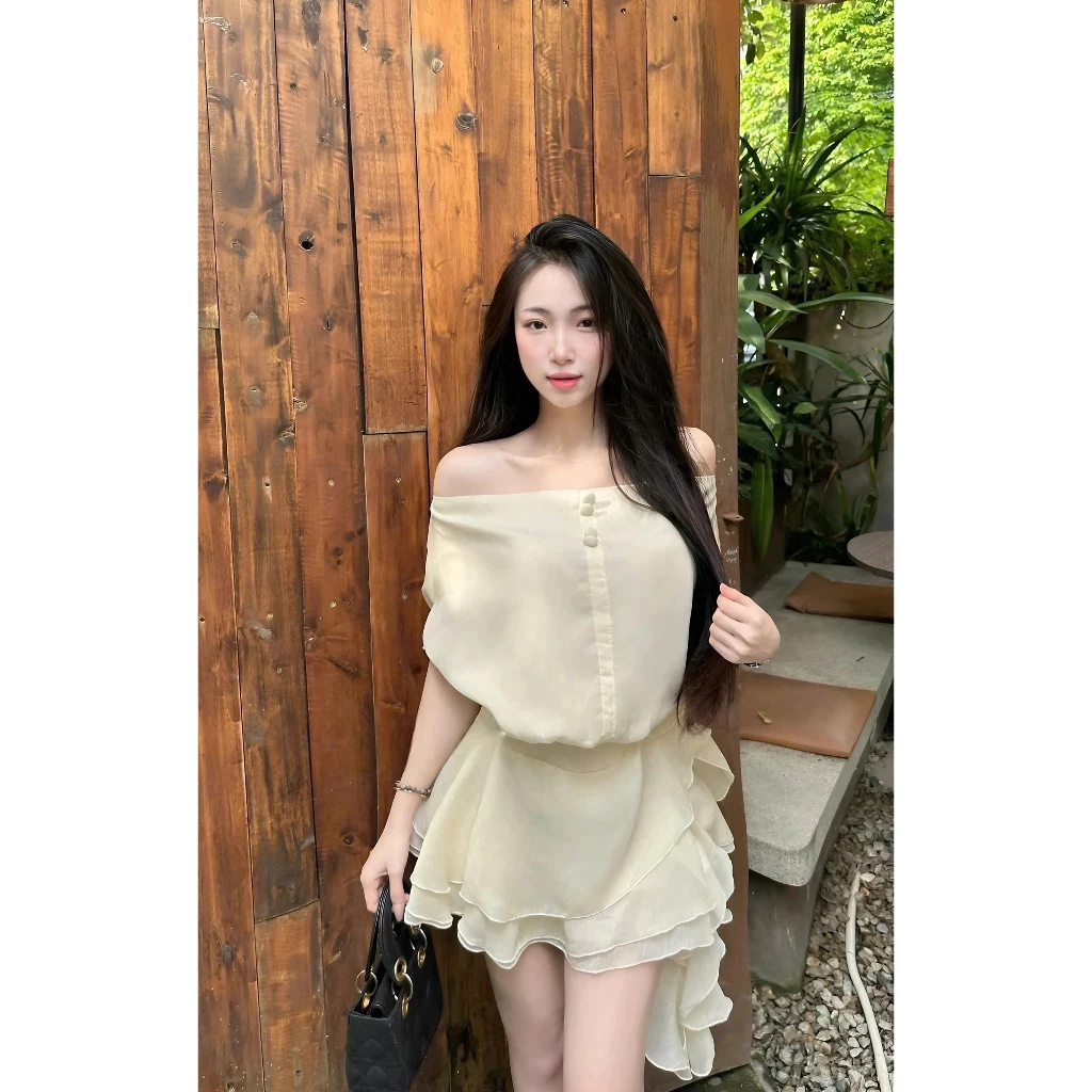 Váy trễ vai hở lưng cúc bọc đính hoa – đầm tơ 2 lớp tiểu thư siêu xinh - Ảnh 5