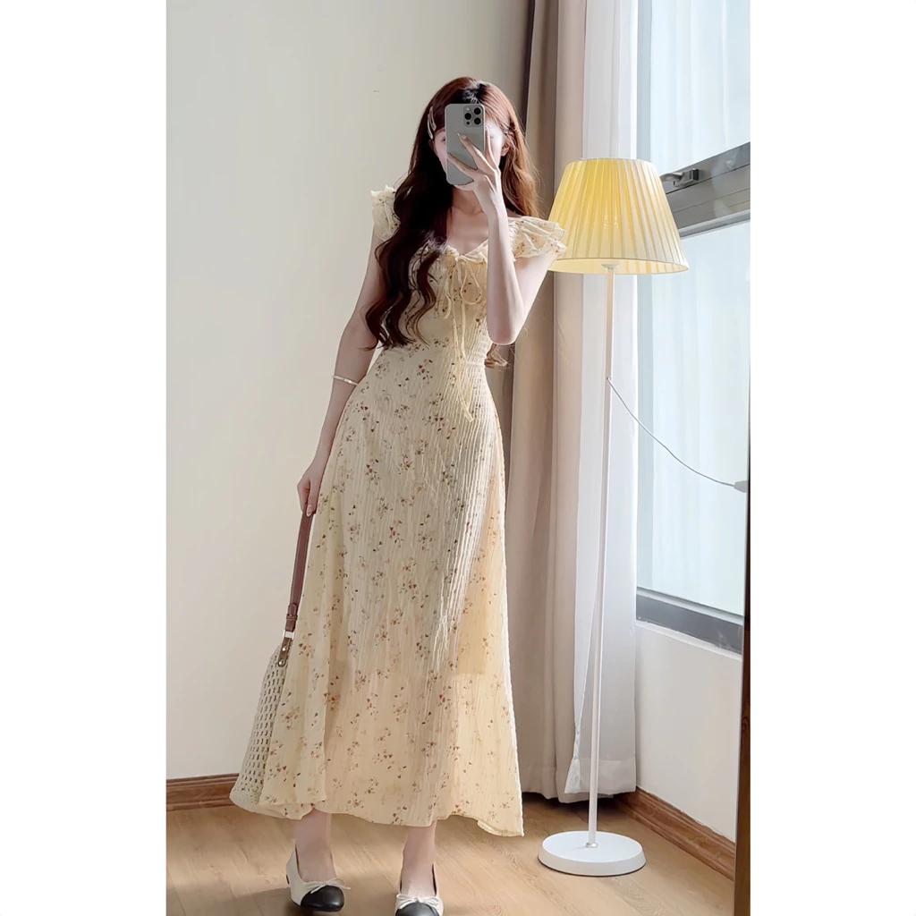 Váy hoa nhí dáng dài phối cổ bèo – đầm đi biển nữ tính siêu xinh - Ảnh 2