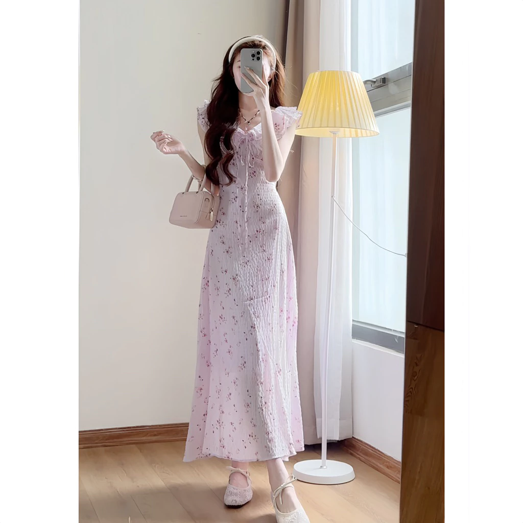 Váy hoa nhí dáng dài phối cổ bèo – đầm đi biển nữ tính siêu xinh - Ảnh 6