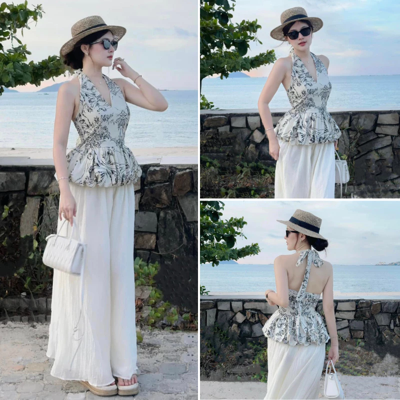 Set áo yếm hở lưng phối quần suông 2 lớp – outfit đi biển siêu xinh