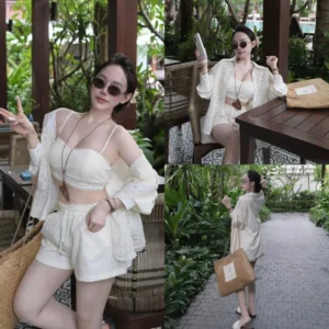 Set sơ mi phối ren kèm quần short viền ren – tặng áo bra siêu xinh