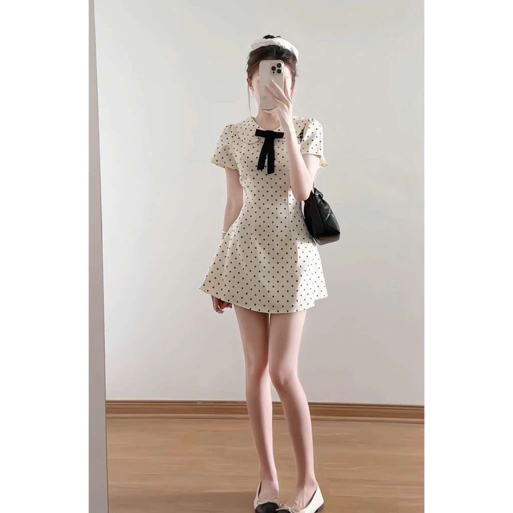Váy ngắn tay cổ sen đính nơ chấm bi – dáng xòe tiểu thư siêu xinh - Ảnh 2