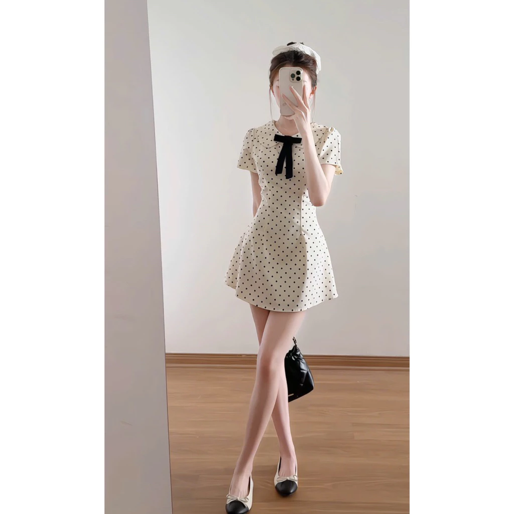 Váy ngắn tay cổ sen đính nơ chấm bi – dáng xòe tiểu thư siêu xinh - Ảnh 3