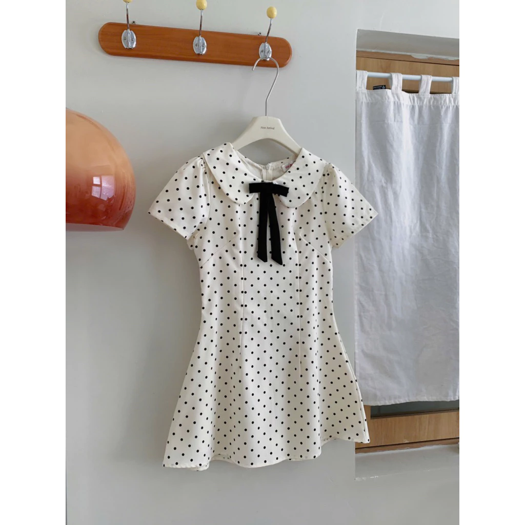 Váy ngắn tay cổ sen đính nơ chấm bi – dáng xòe tiểu thư siêu xinh - Ảnh 4