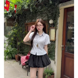 Áo sơ mi kẻ tay phồng dáng ngắn – chất thô linen trẻ trung, nữ tính - Hình ảnh 7