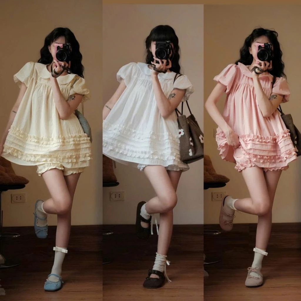Áo váy babydoll cổ sen 2 lớp form rộng – tặng quần bí bo chun siêu xinh