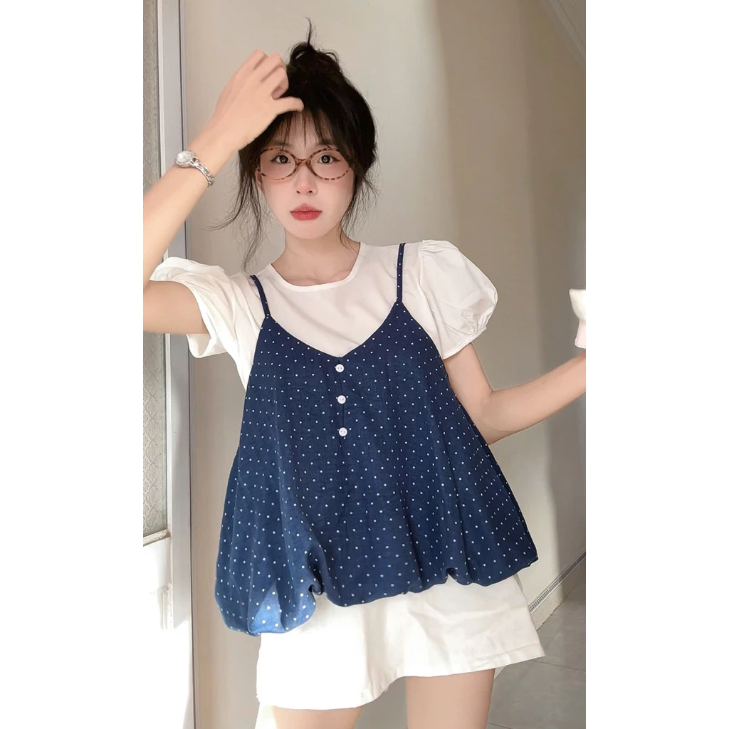 Set áo 2 dây chấm bi dáng bí phồng – outfit mùa hè nữ tính siêu xinh